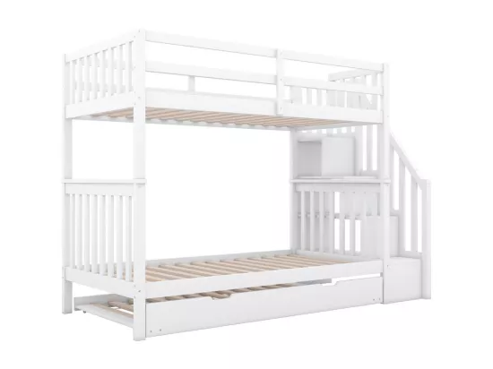 Lit superposé 90x200cm en bois de pin - avec lit gigogne - Blanc