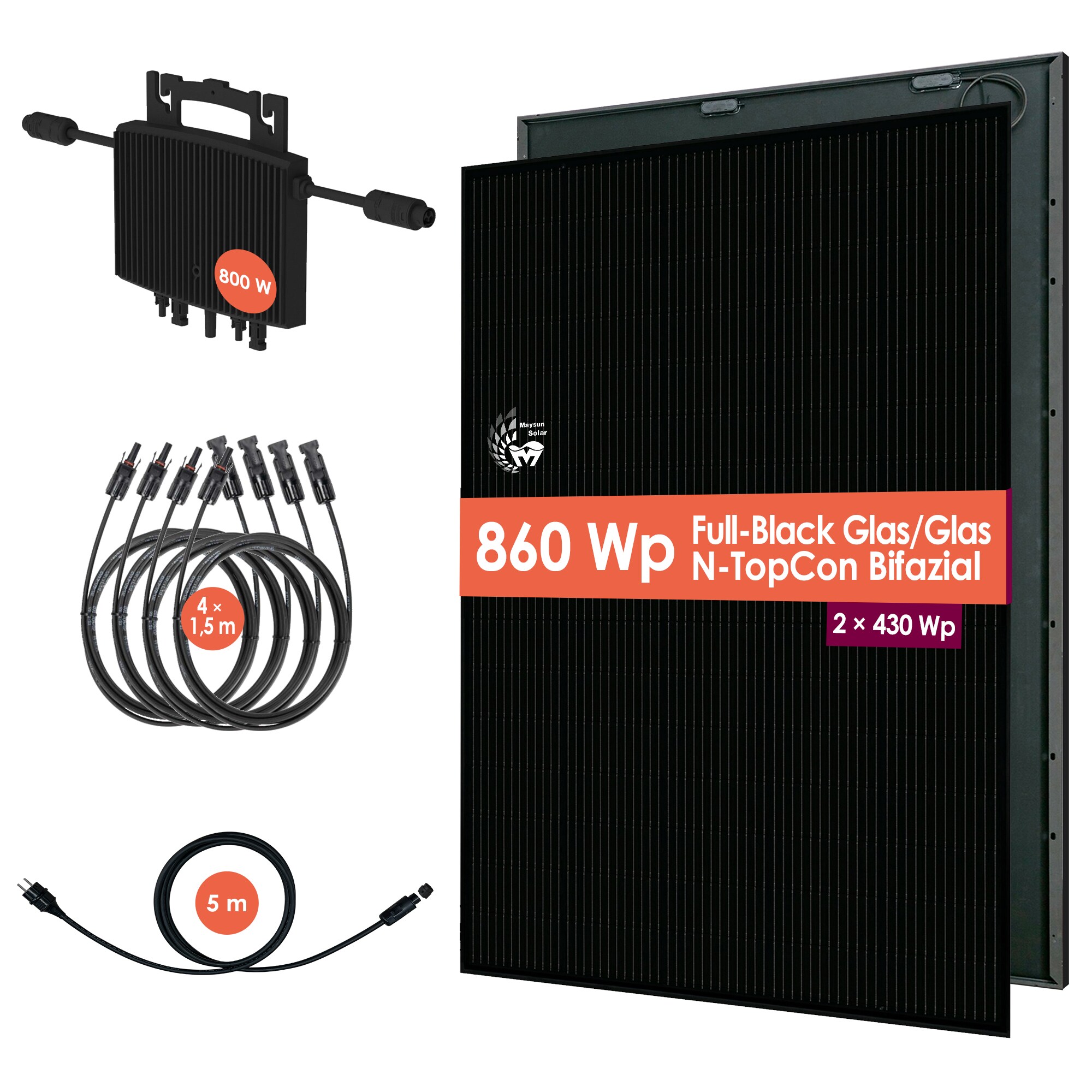 VALE Balkonkraftwerk | 860 W (2x430) Bifaziale Full-Black Glas-Glas Solarmodule | 800 W HERF Wechselrichter | Steckerfertige & Genehmigungsfreie Mini-Solaranlage
