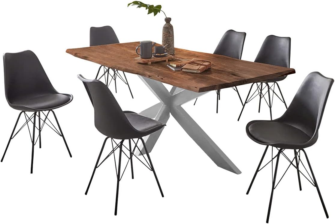 SAM Esstisch 160x85cm Salerno, Akazienholz nussbaumfarben + massiv + lackiert, echte Baumkante, Baumkantentisch, Spider-Metallgestell Silber, Esszimmertisch, Tischplatte 35mm
