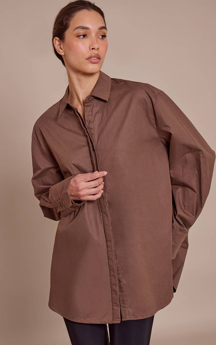Marron Chemise En Coton À Poignets Surdimensionnés