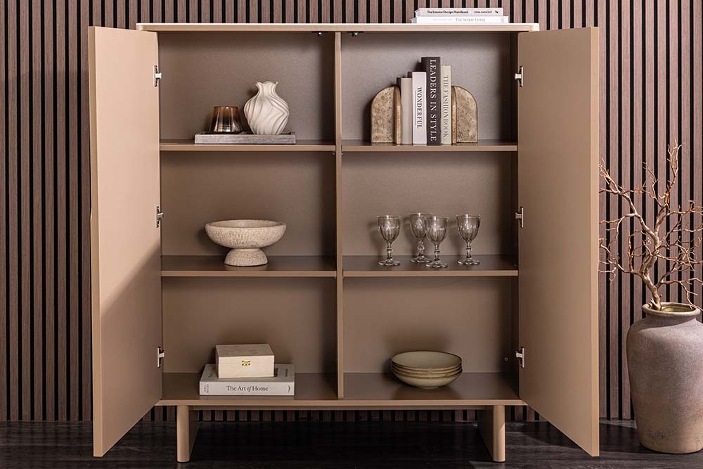 Design Highboard SAVOY 130cm grau beige greige Travertin Keramik Stauraum 3D-Front
