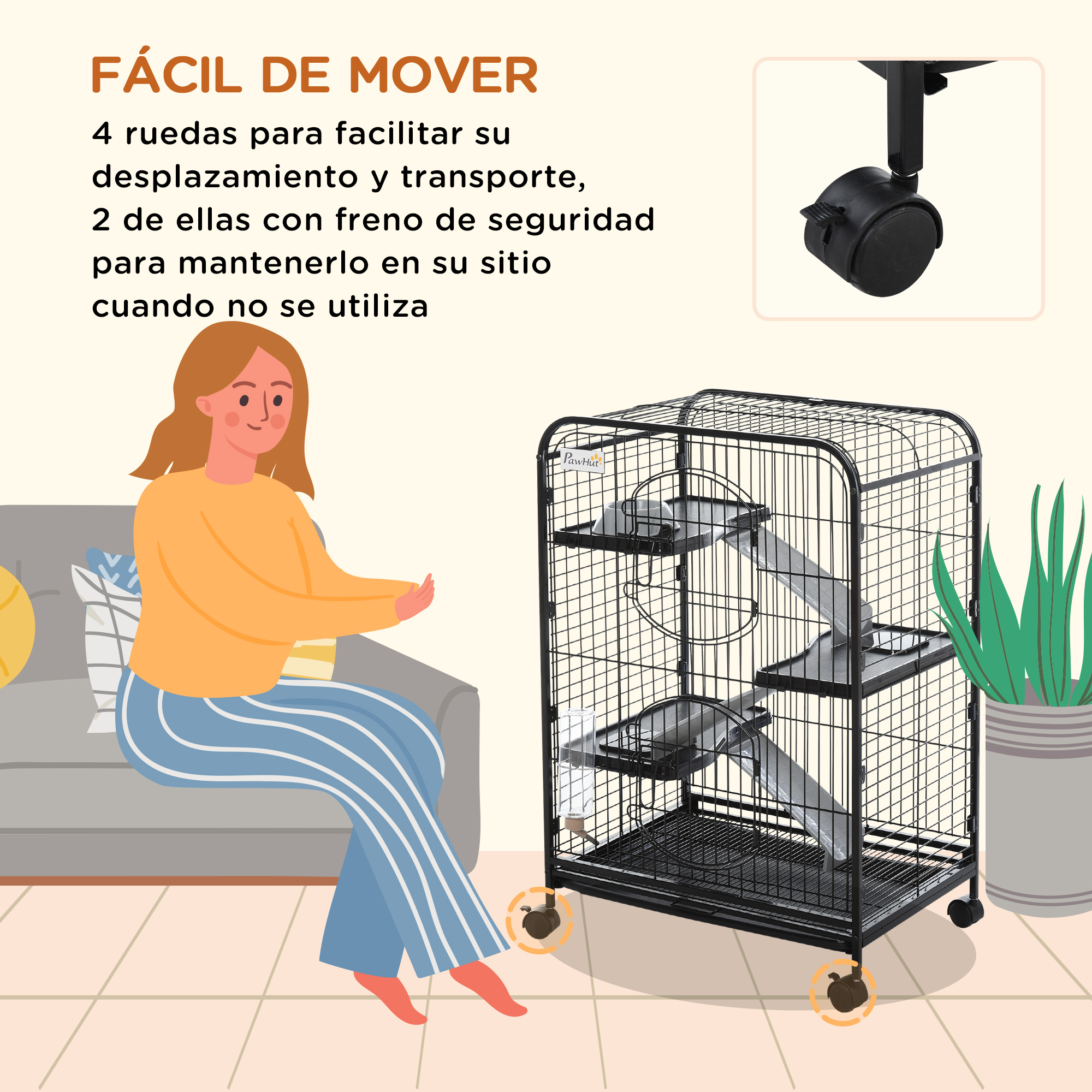 Gaiola PawHut de 6 Níveis para Pequenos Animais, com Rodas, Rampa, Bebedouro, Bandeja Removível, Ideal para Coelhos, Chinchilas e Furões, 64x43,5x131 cm, Preta