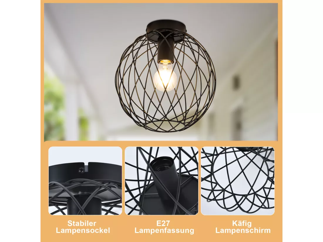 NETTLIFE Plafonnier plafonnier vintage noir industriel - lampe de couloir E27 1 ampoule rétro cage métal