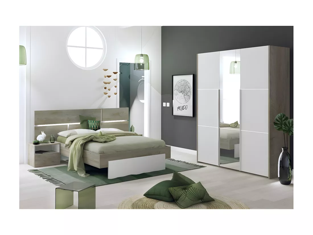 NINO LIGHT - Lit 160x200cm avec Leds et Chevets à Poser + Armoire 3P