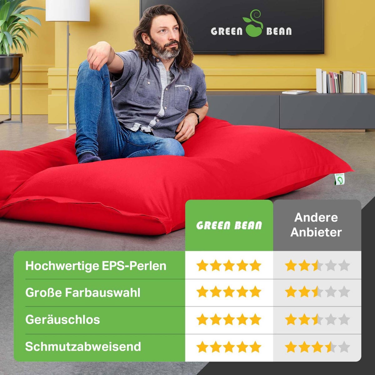 Green Bean Indoor Zitzak XXL 140x180cm 380 Liter Kinderen & Volwassenen Zitzak EPS Kralenvulling Reuze Zitzak Groot Ligbedkussen Zitkussen - Rood