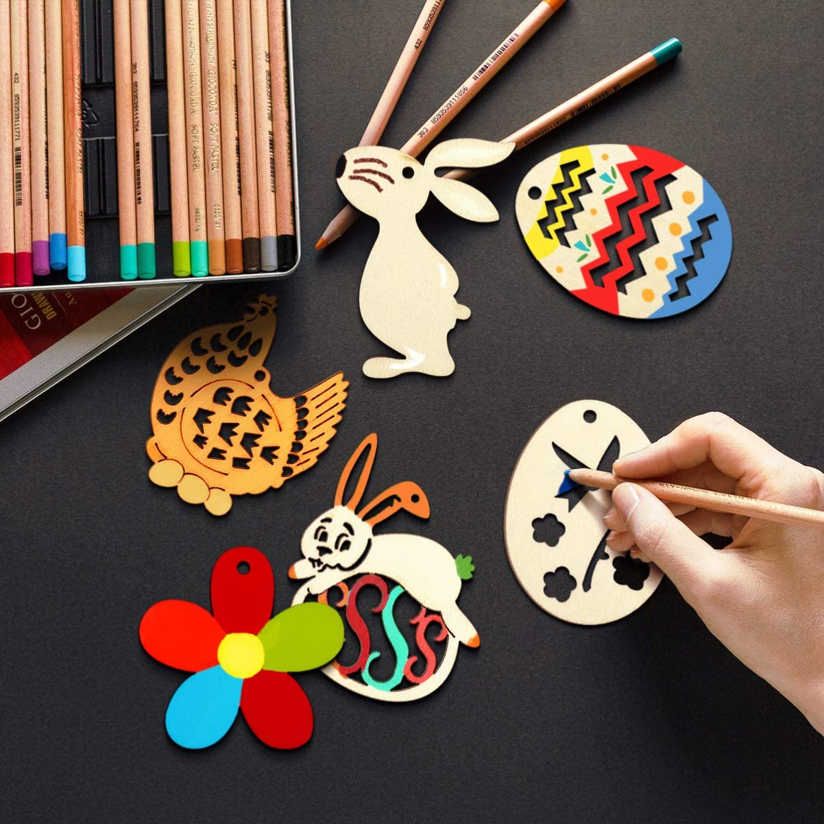 (20er Set) DIY Oster Geschenk Anhänger Bastel Home Deko Hase / Blume / Osterei Holzscheiben   Packschnur - Braun