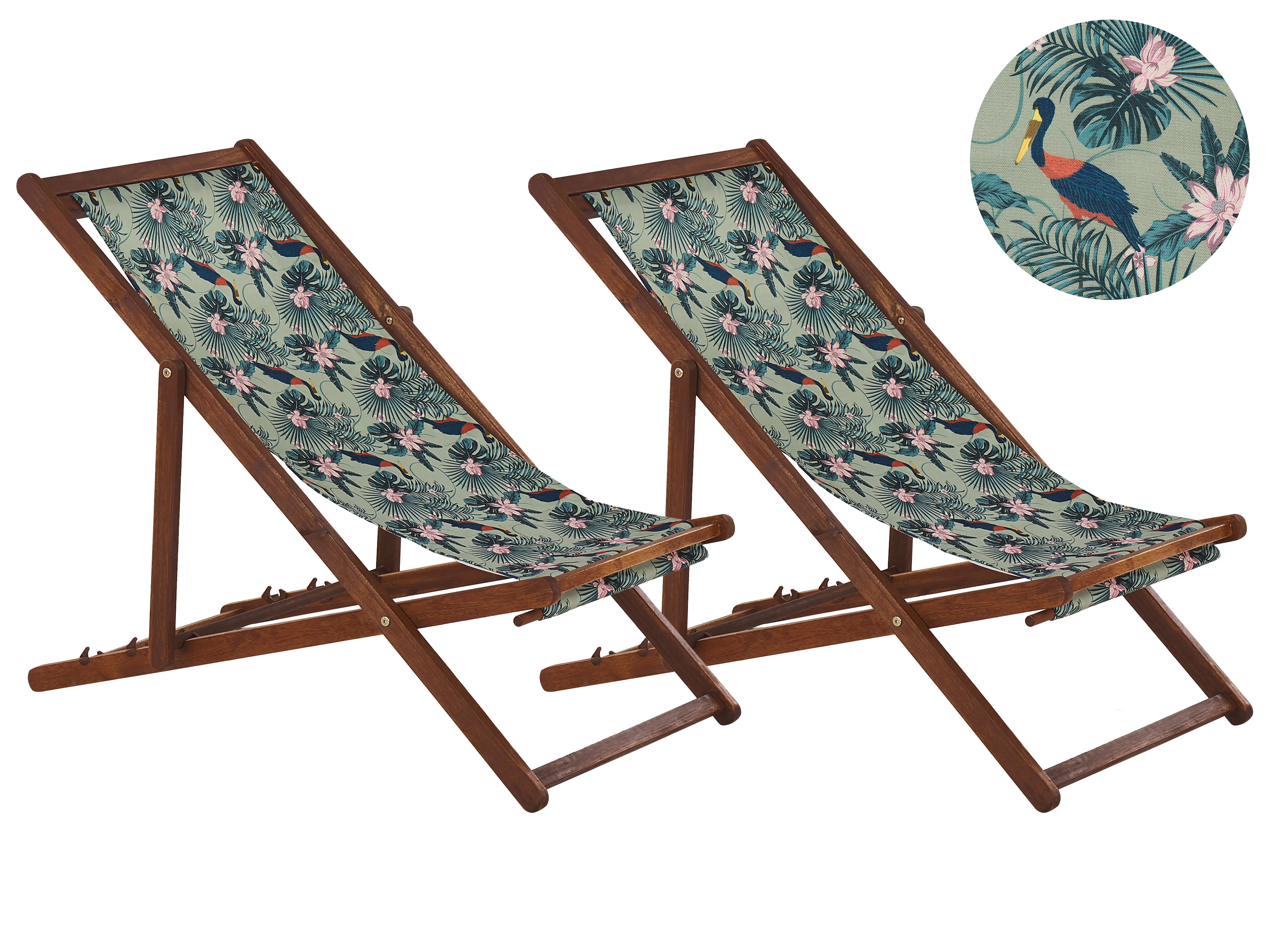 Set van 2 inklapbare ligstoelen ANZIO met vervangingshoezen Dieren motief Acaciahout Donkerbruin