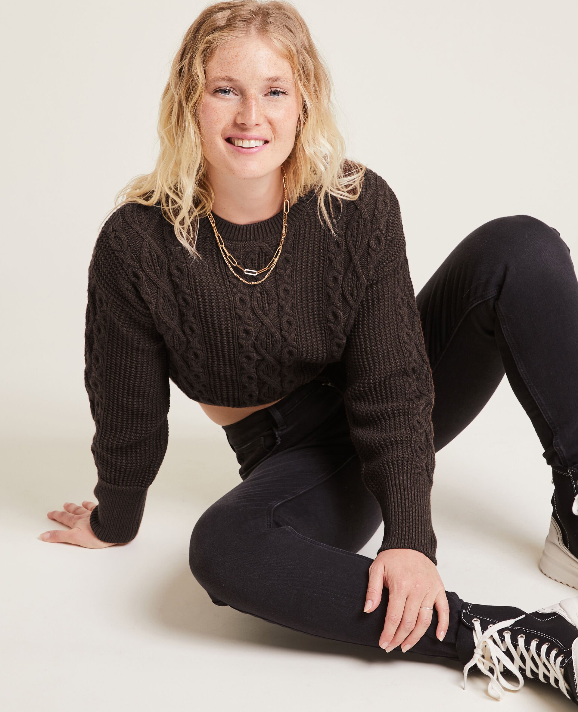 Pull cropped en maille fantaisie - Marron