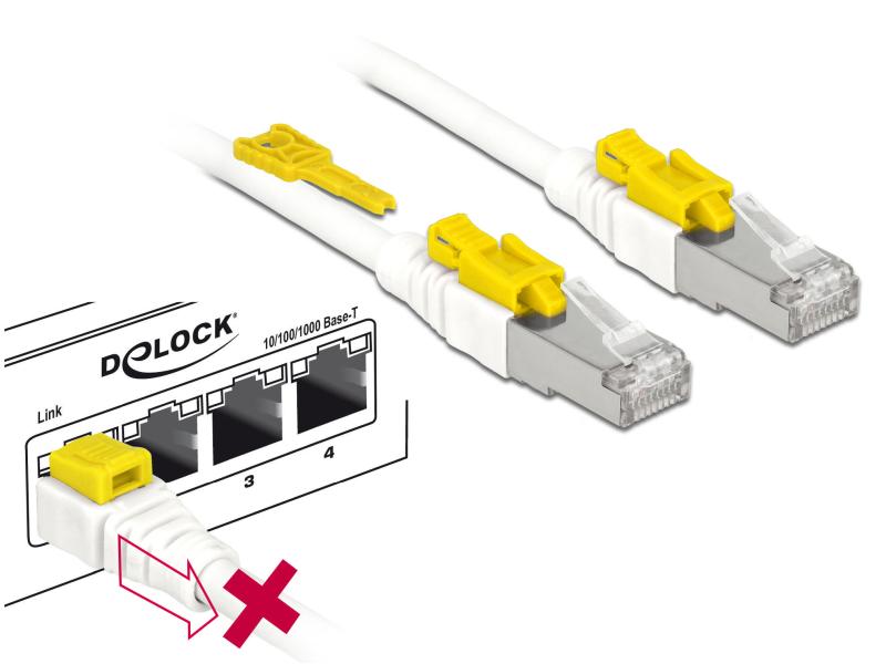 Delock Patchkabel  Cat 6A, S/STP, 2 m, Weiss, verriegelbar Delock Kabel RJ45 Secure Cat.6A 2 m
