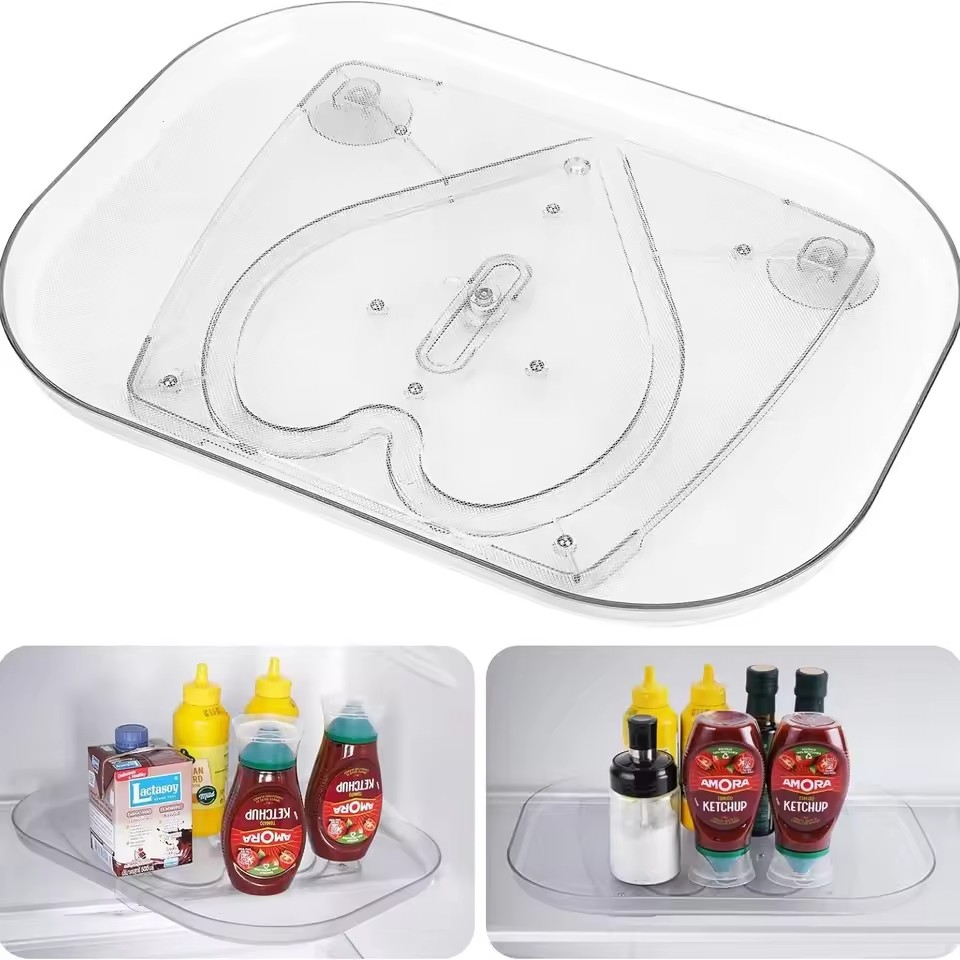 (35x26cm) Drehteller Küchen Organizer 360º Grad Rutschfester Kühlschrank Turn Table Platte - Transparent
