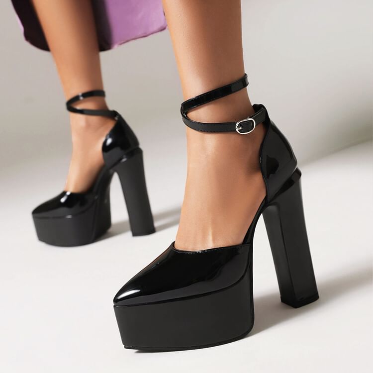 Freesia - Puntige neus, plateau enkelband D'Orsay blokhak pumps