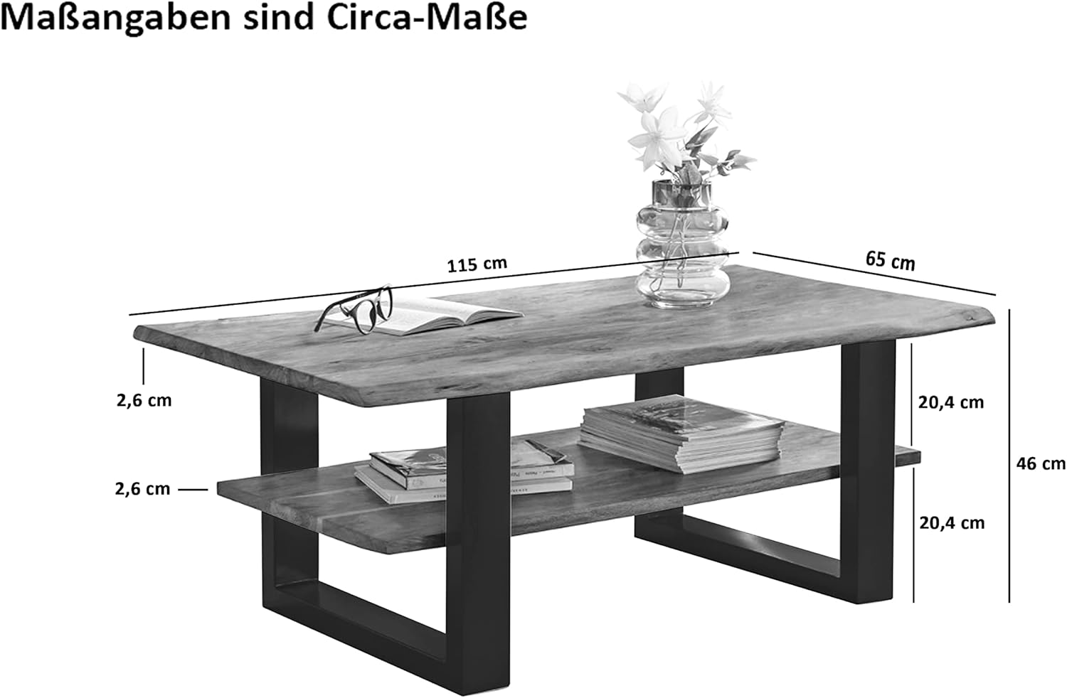 SAM Couchtisch 115x65 cm Patrick, Sofatisch mit Ablage, Akazienholz massiv + naturfarben + lackiert, Beistelltisch mit schwarzem U-Metallgestell, echte Baumkante