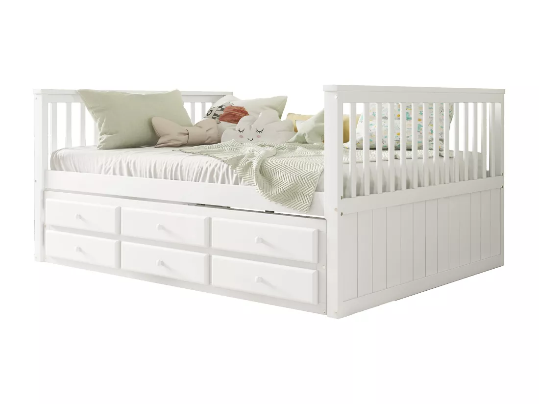 Lit gigogne 140 x 200 cm + 90 x 190 cm avec 3 tiroirs - bois de pin + MDF - blanc