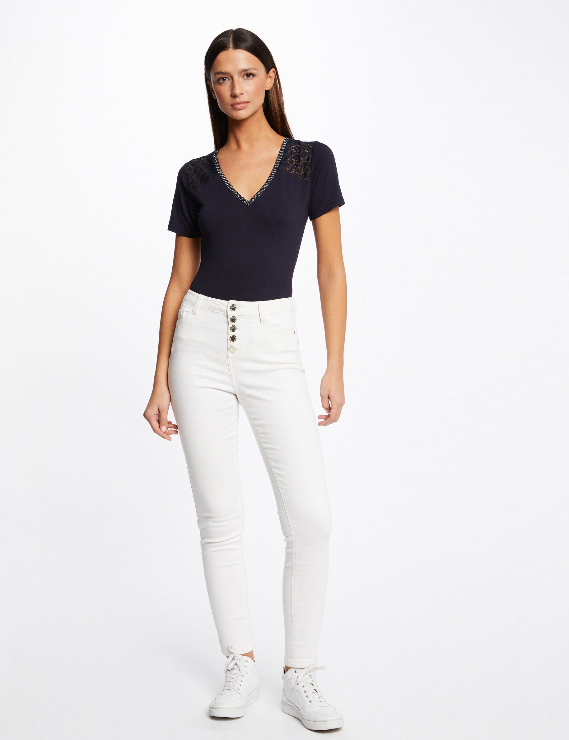 T-shirt manches courtes à dentelle marine femme - marine