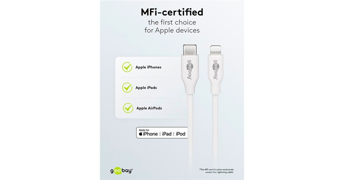 goobayLightning/USB-C PD oplaad set Nano (20 W)   (Wit, 1 meter)