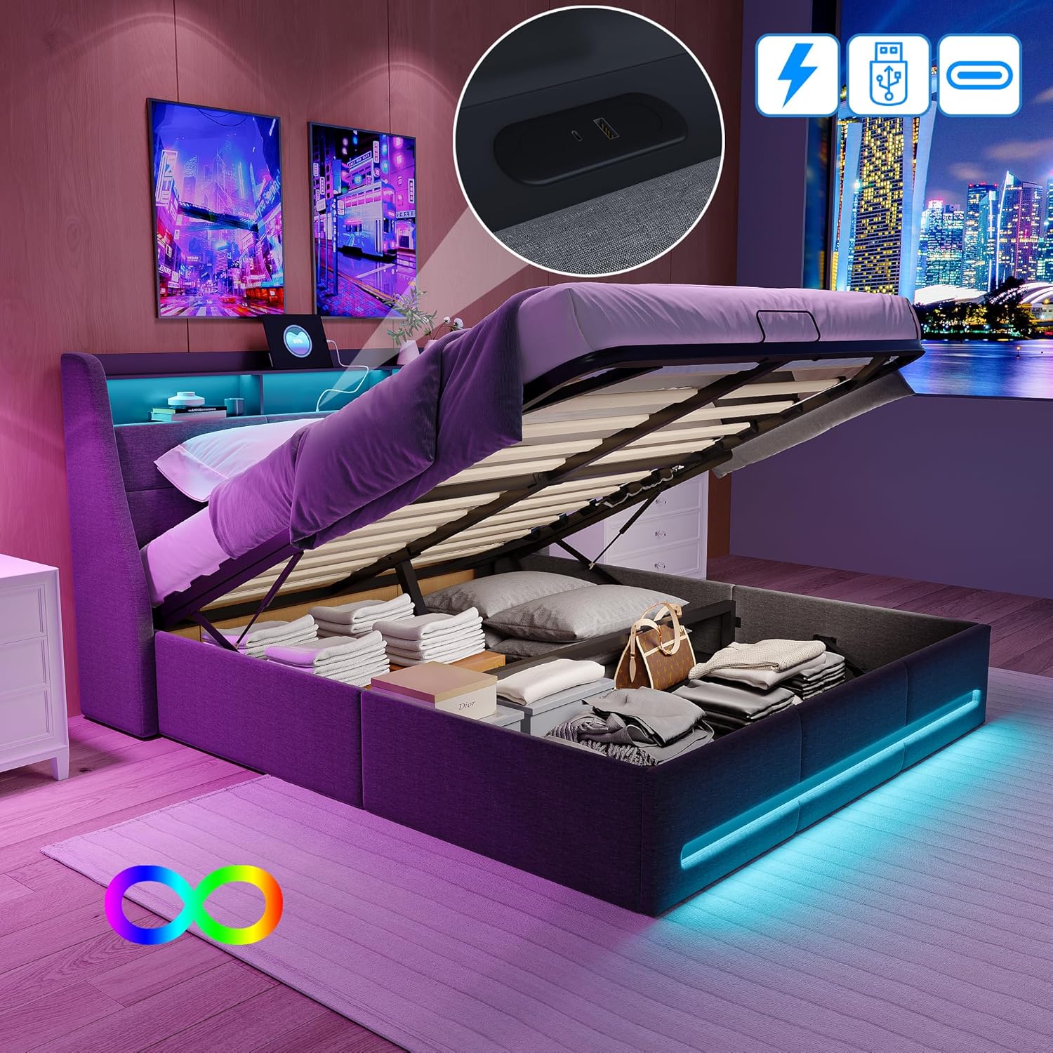 Polsterbett 140x200 cm mit LED-Kopfteil, Doppelbett mit USB und Lattenrost, Hydraulischem Stauraum und Metallrahmen, Jugendbett, Leinenstoff Grau (Ohne Matratze)