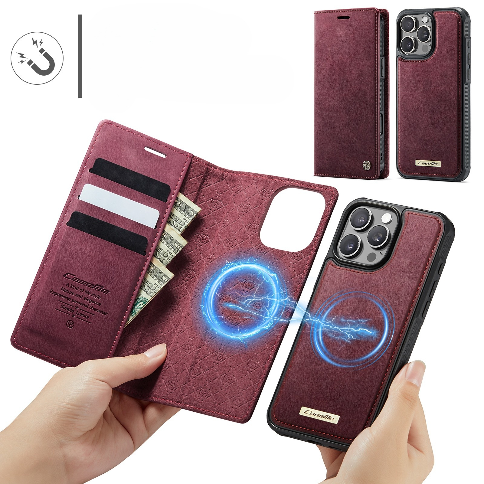 iPhone 16 Pro 2in1 MagSafe Leder Tasche   Magnet Hardcase Karten Etui (RFID Schutz) - Rot