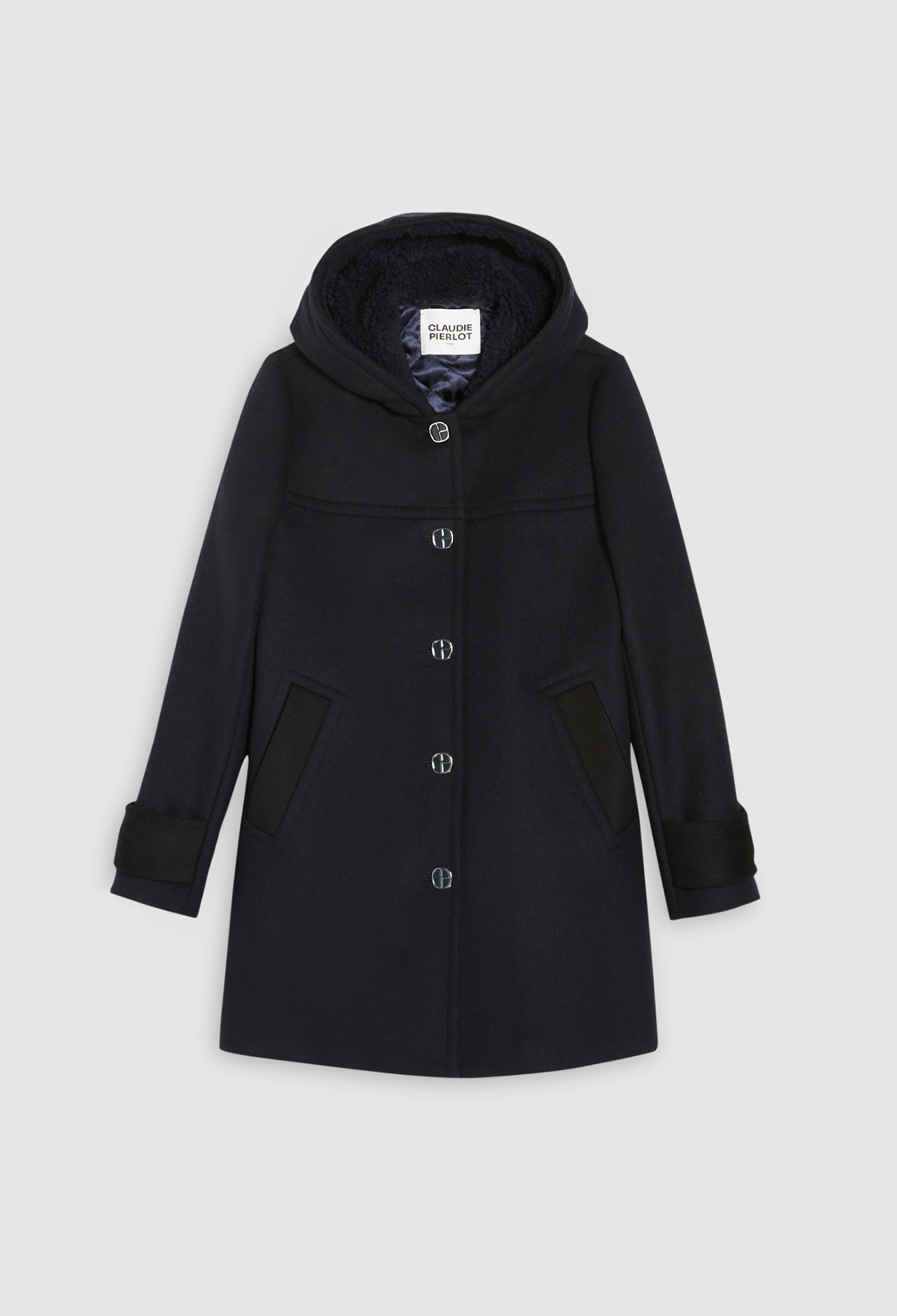 Manteau marine capuche laine melangee