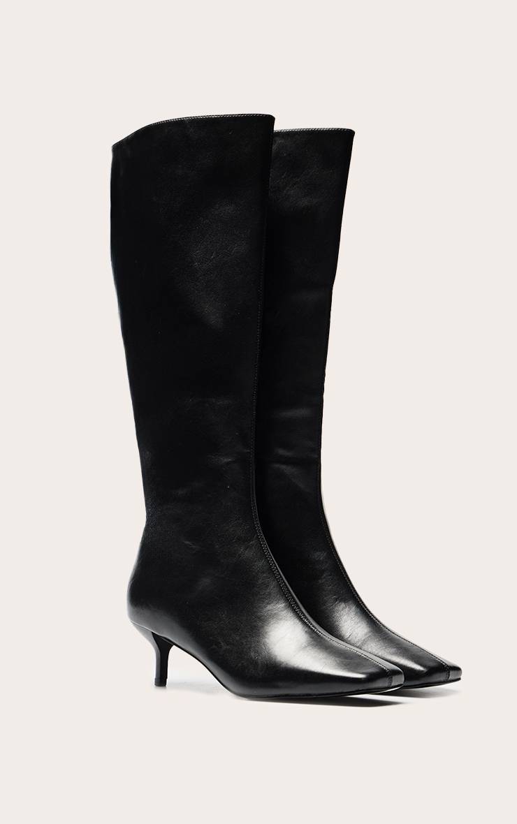 Noir Botte Haute Au Genou À Bout Pointu Carré En Synthétiquecuir Souple Et Talon Bobine