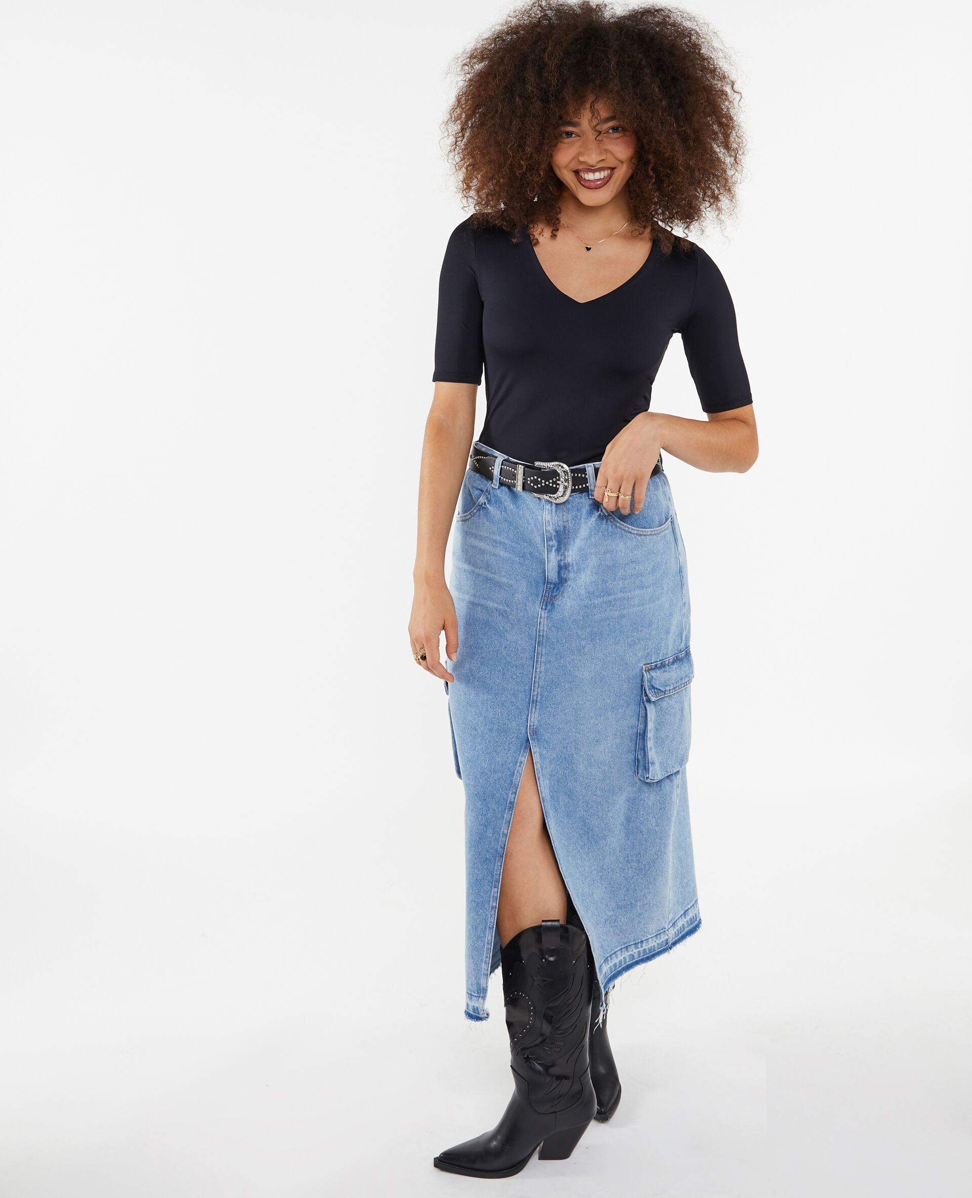 Top col V en maille - Noir