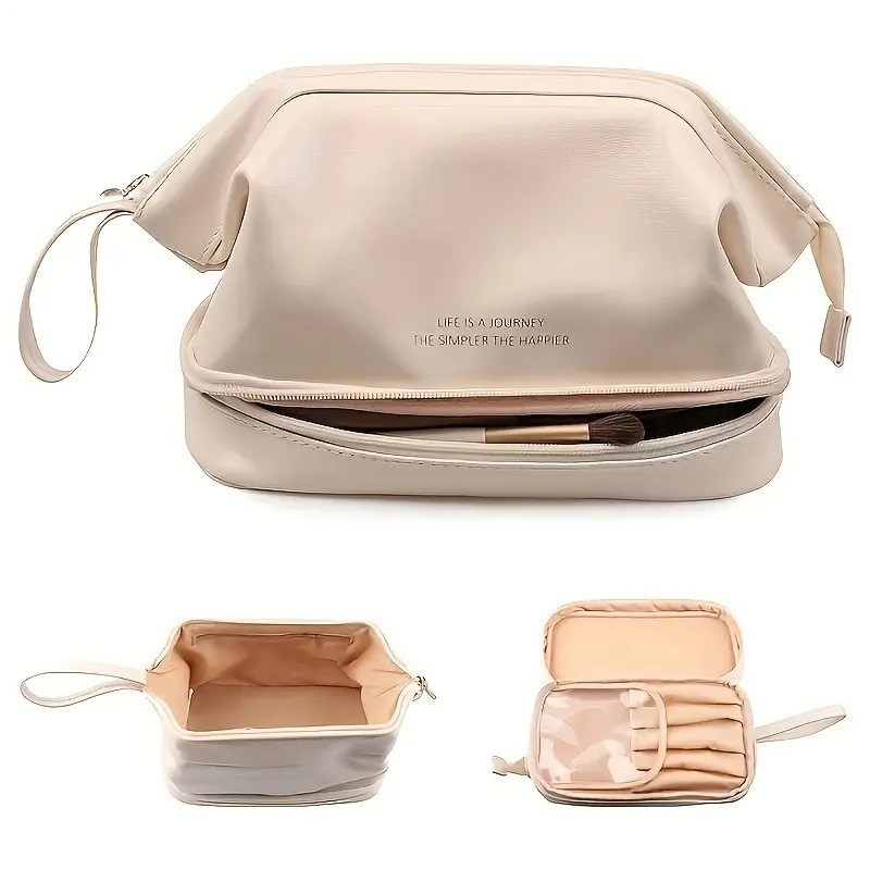 (24x16cm) Leder Kosmetik Make Up Tasche Necessaire Organizer Bag mit Bodenfach - Beige