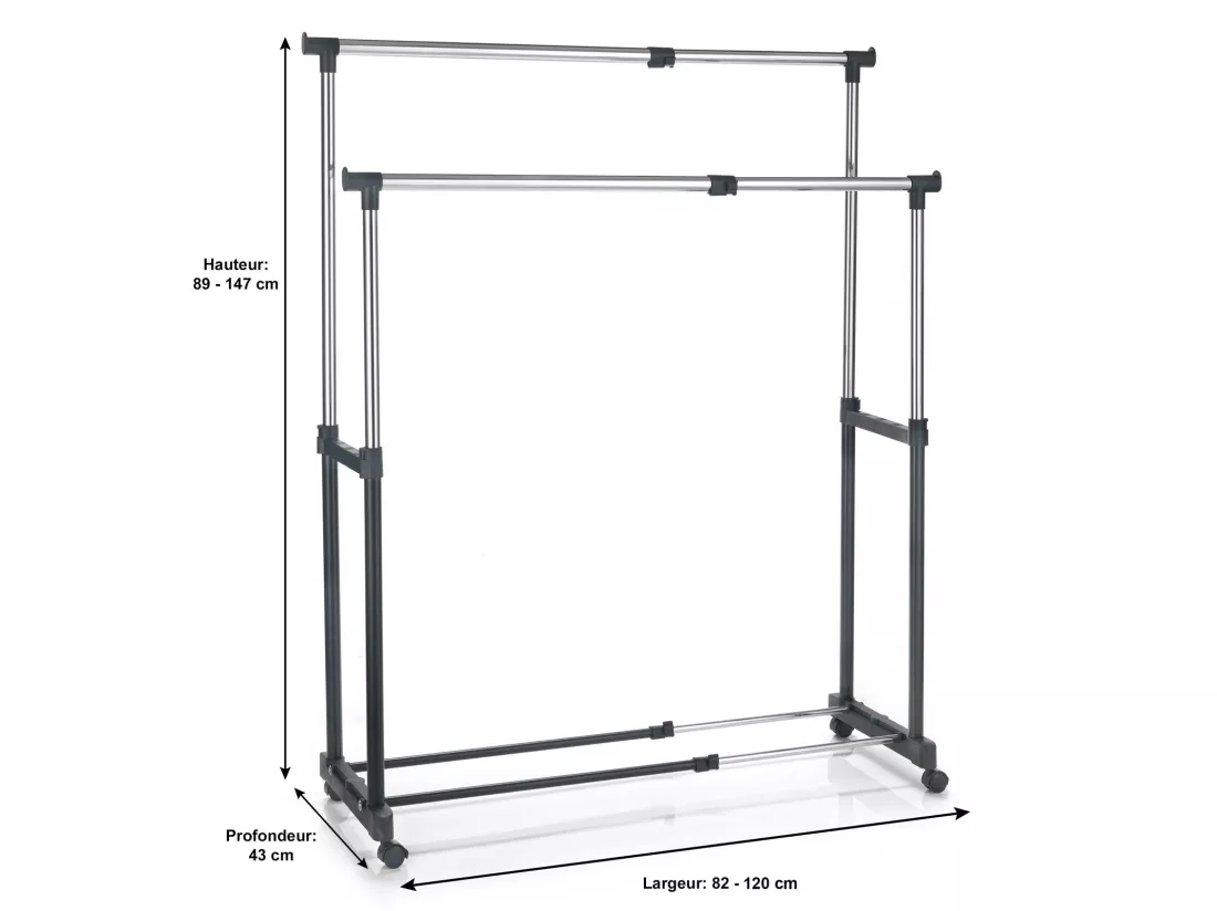 Portant à vêtements CASA en métal chromé et noir, penderie double sur roulettes avec 2 barres hauteur et longueur réglables