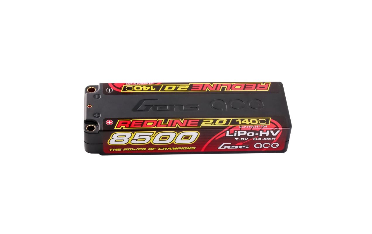 RC-Akku LiHV 8500 mAh 7.6 V 140C Redline 2.02S LiPo HV Hardcase Akku mit 5 mm Bullet Goldstecker