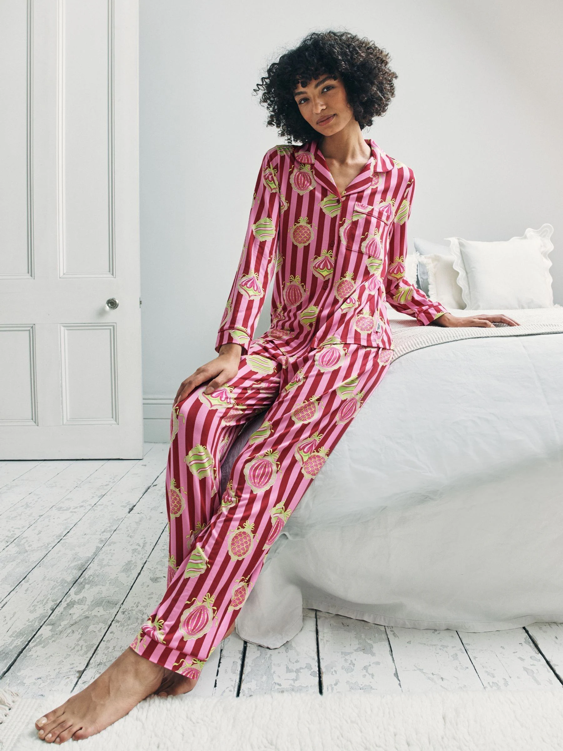 Chelsea Peers Christmas Baubles Stripe Print Long Pyjamas Set