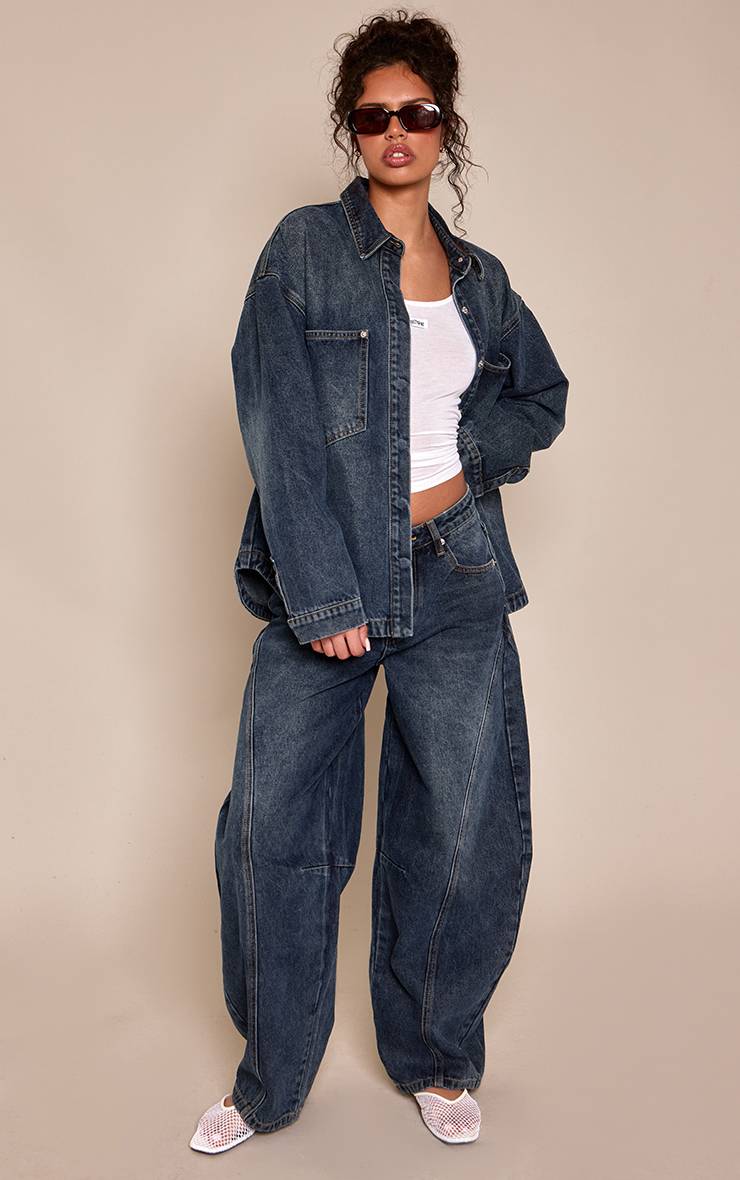 Dark Blue Wash Chemise En Jean Denim Bleu Foncé Vintage Oversize À Poches Style Charpentier