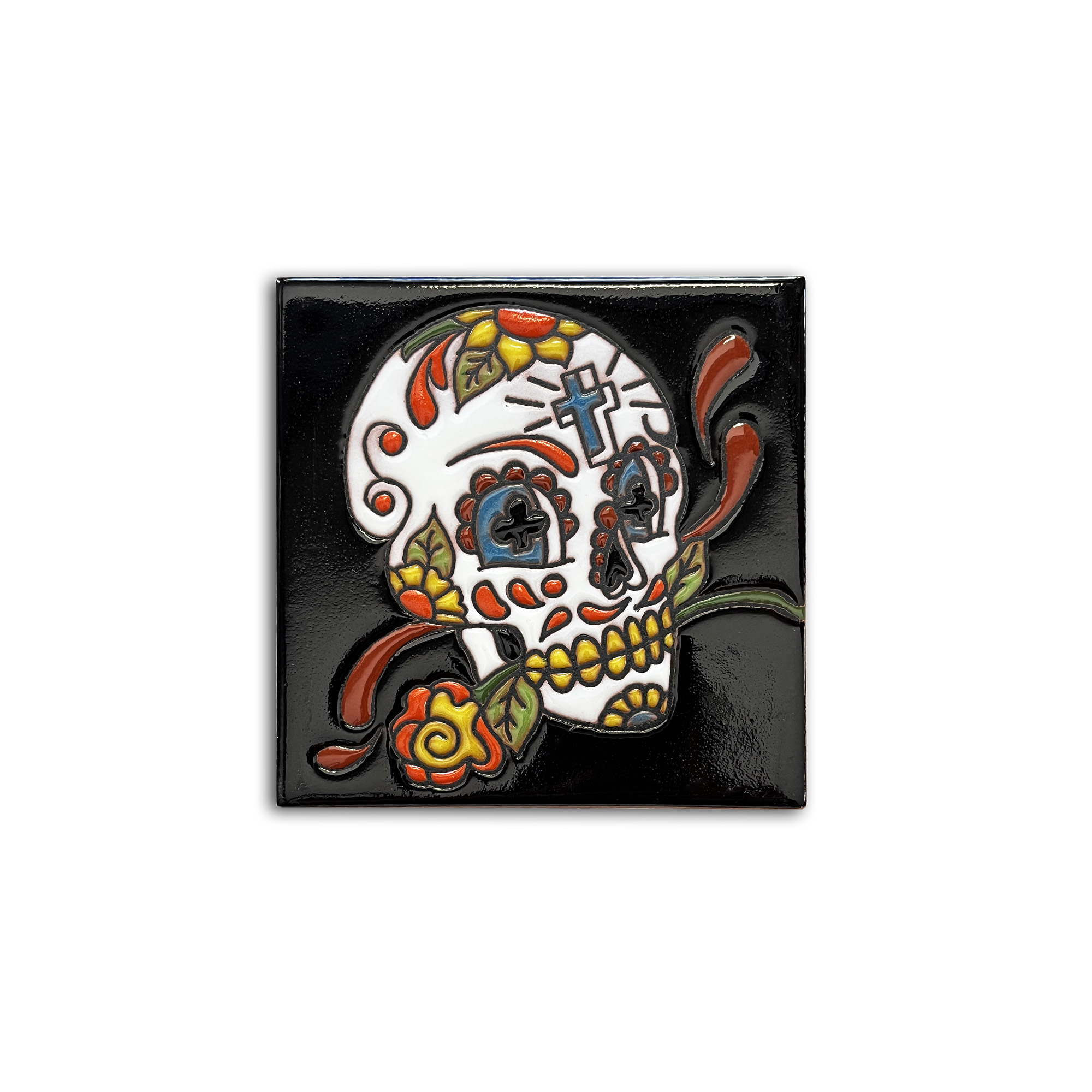 Relief-Kachel 'Calavera con cruz', schwarz, multicolor, H 10 cm, B 10 cm von fischer's lagerhaus