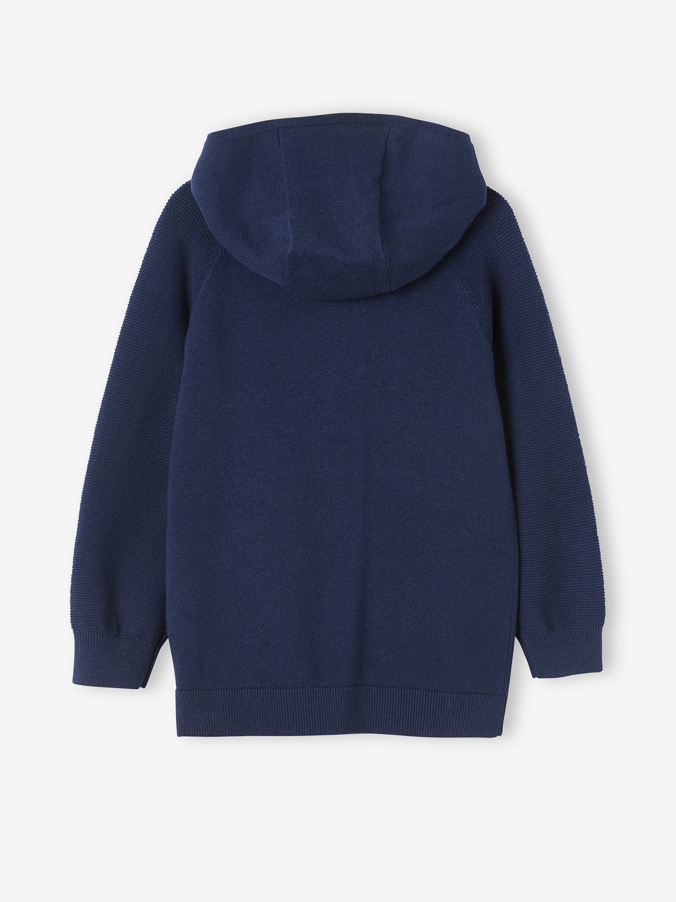 Cardigã com capuz e bojo, para meninos, azul liso com estampas.