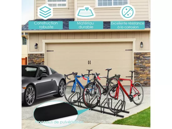 Râtelier 5 Vélos en Acier Fixation, Rangement Vélo au Sol ou Mur 150x32.5x26CM Résistant aux Intempéries Antirouille Ecole Commerce Noir