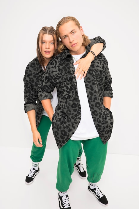 Hemdjacke, oversized, Leo-Plüsch, Hemdkragen, Langarm, Unisex