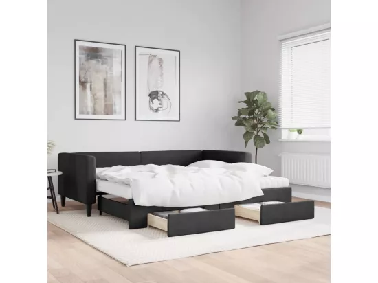 Lit de jour avec gigogne et tiroirs noir 90x190 cm tissu