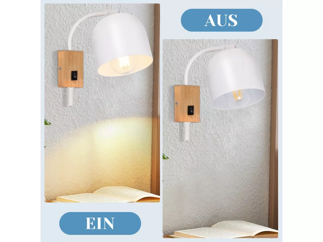 NETTLIFE Applique murale en bois avec interrupteur - Spot mural 1 flamme E27 Blanc Lampe de couloir 330° ,Sans ampoule