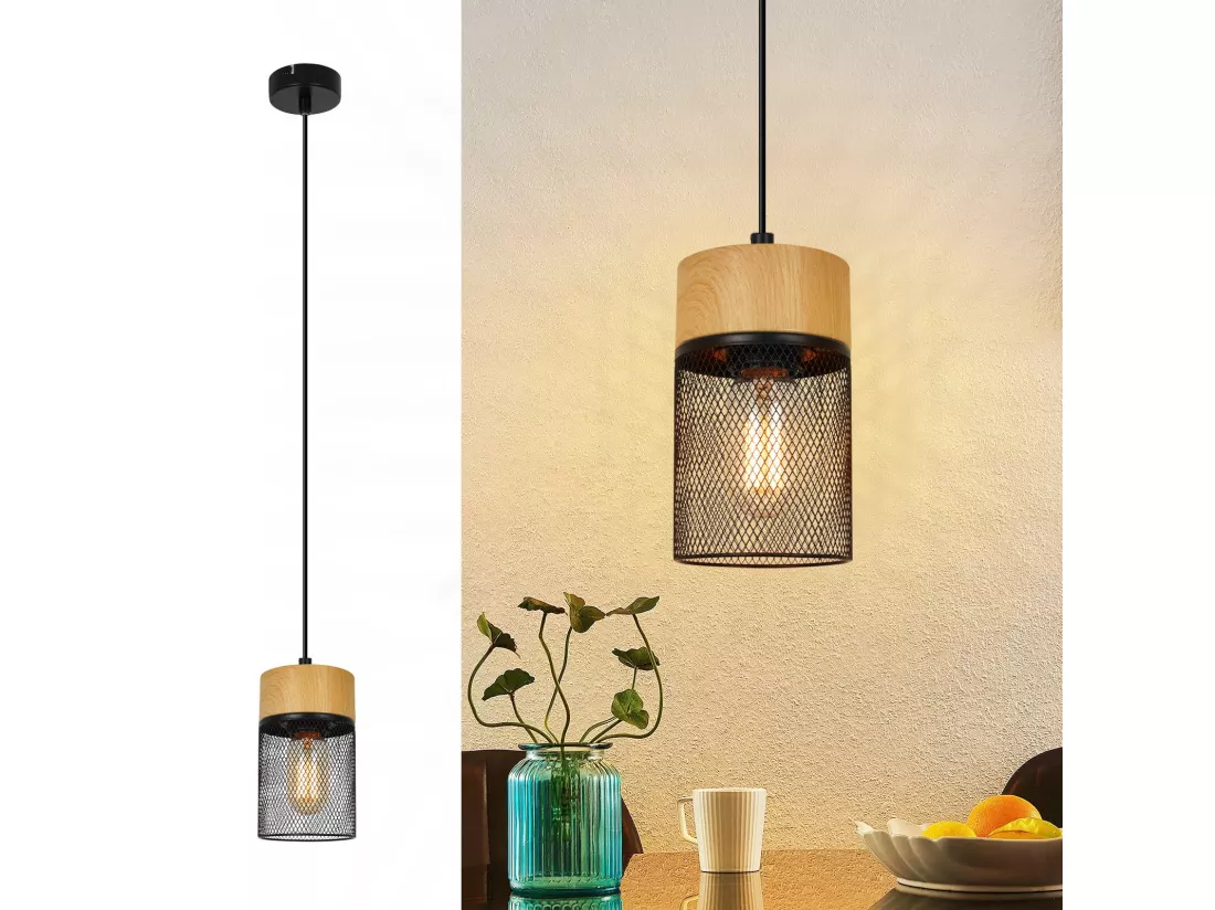 NETTLIFE Lampe à suspendre Vintage Bois veiné Table à manger Noir Industriel E27 25W Suspension