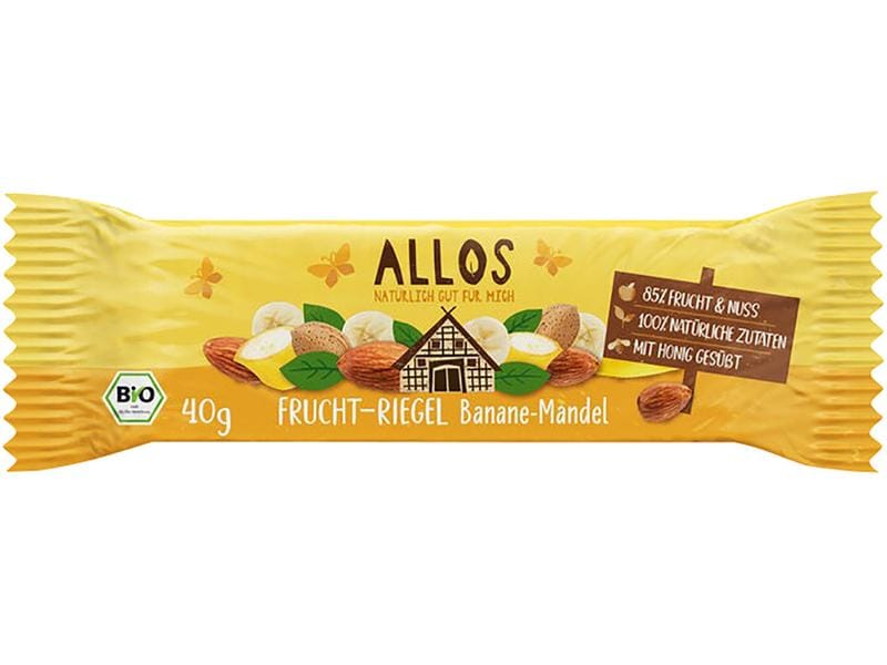 Allos Bio Fruchtschnitte Banane-Mandel 40 g Biologisch zertifizierter Fruchtriegel mit Bananen und Mandeln