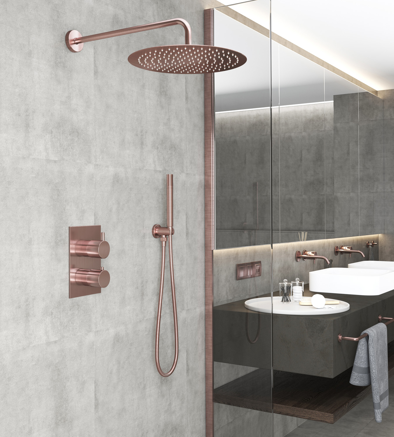 Saniclear Copper inbouw regendouche met wandarm en 30cm hoofddouche geborsteld koper