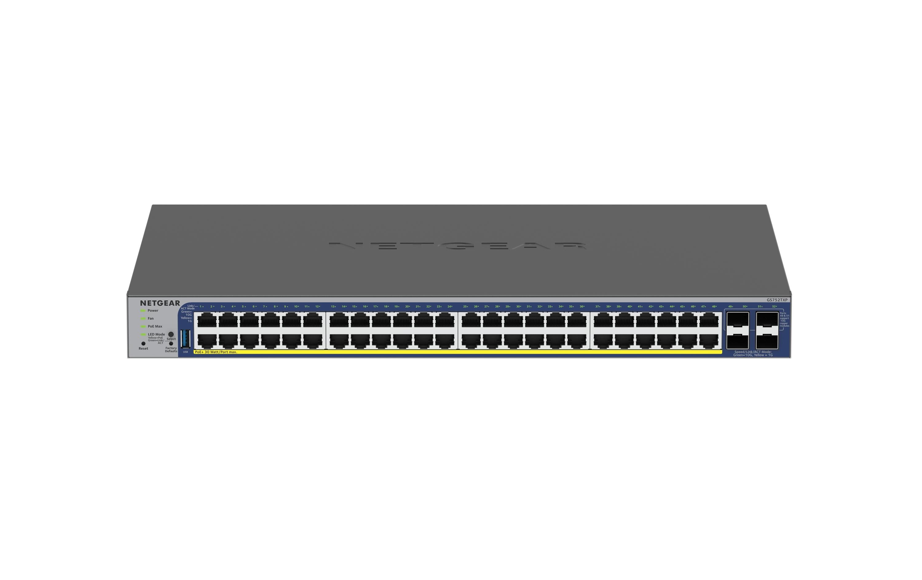 PoE+ Switch GS752TXPv3 52 Port<br>Hochleistungsfähiger 48-Port Gigabit PoE+ Switch mit 4 10G SFP+ Ports und fortschrittlichen Netzwerksicherheitsfunktionen