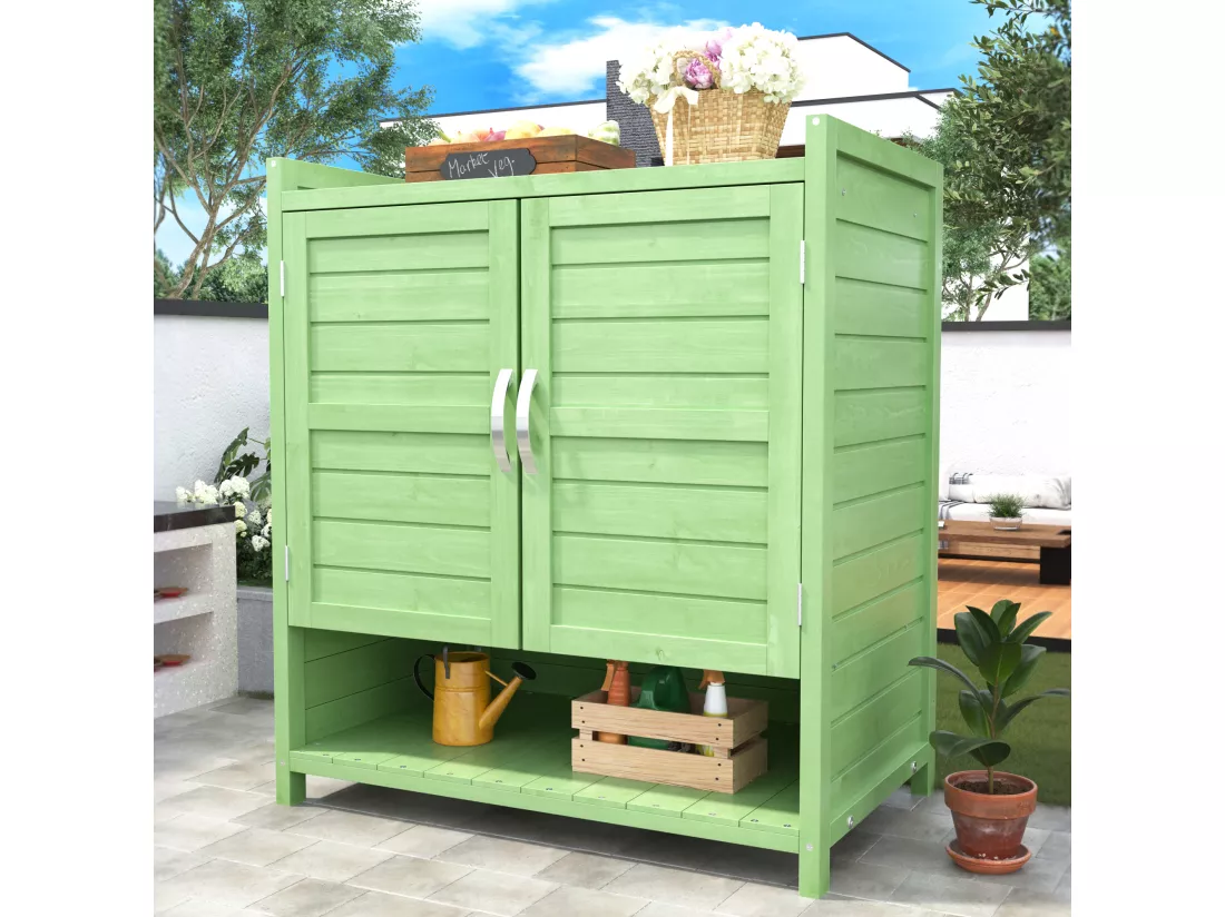 Armoire de jardin, abri de jardin en bois massif avec 2 portes et 1 compartiment - 87.7 x 40 x 70.2 cm - Vert