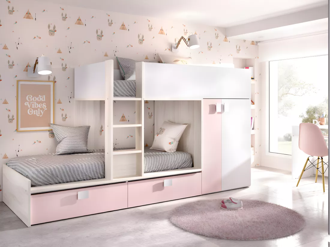 Lits Superposés 2 x 90 x 190 cm - Armoire intégrée - Blanc, naturel et rose + matelas - JUANITO