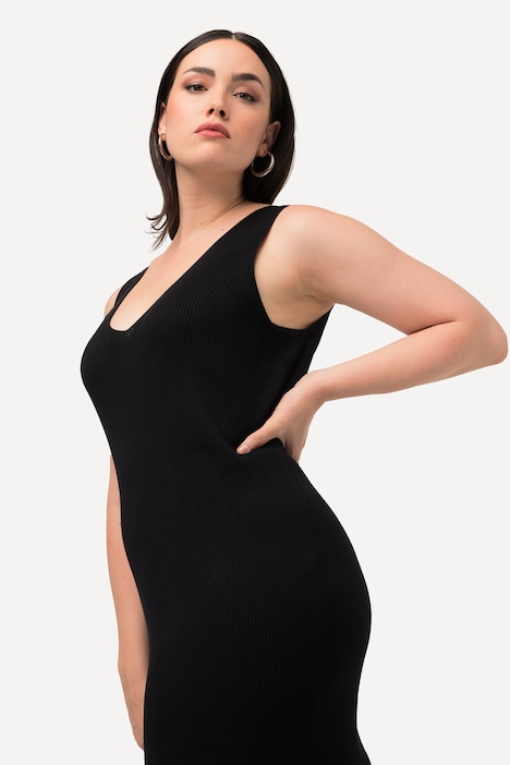 Strickkleid, Rippstrick, Slim, Midilänge, V-Ausschnitt, ärmellos