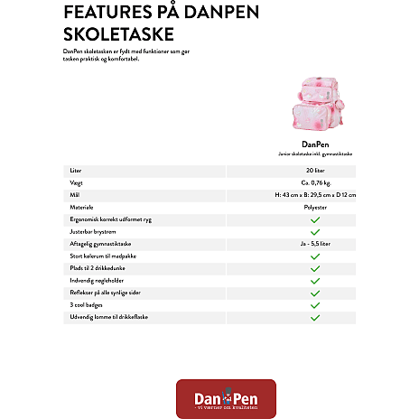 Danpen skoletaske - lyserød med hjerter