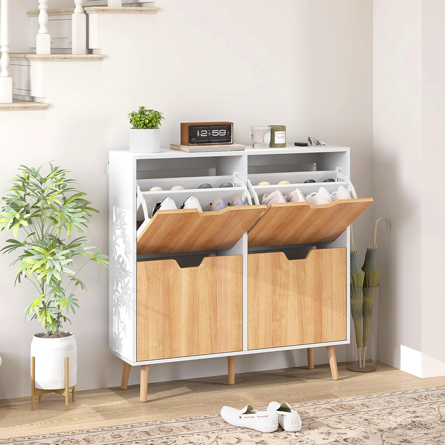 HOMCOM Meuble à Chaussures 4 abattants, Armoire à Chaussures 16 Paires, avec étagère réglable, Pieds en Bois, Rangement Chaussure, Grande capacité pour Couloir, entrée, 95 x 26 x 95 cm, Blanc EV3077500