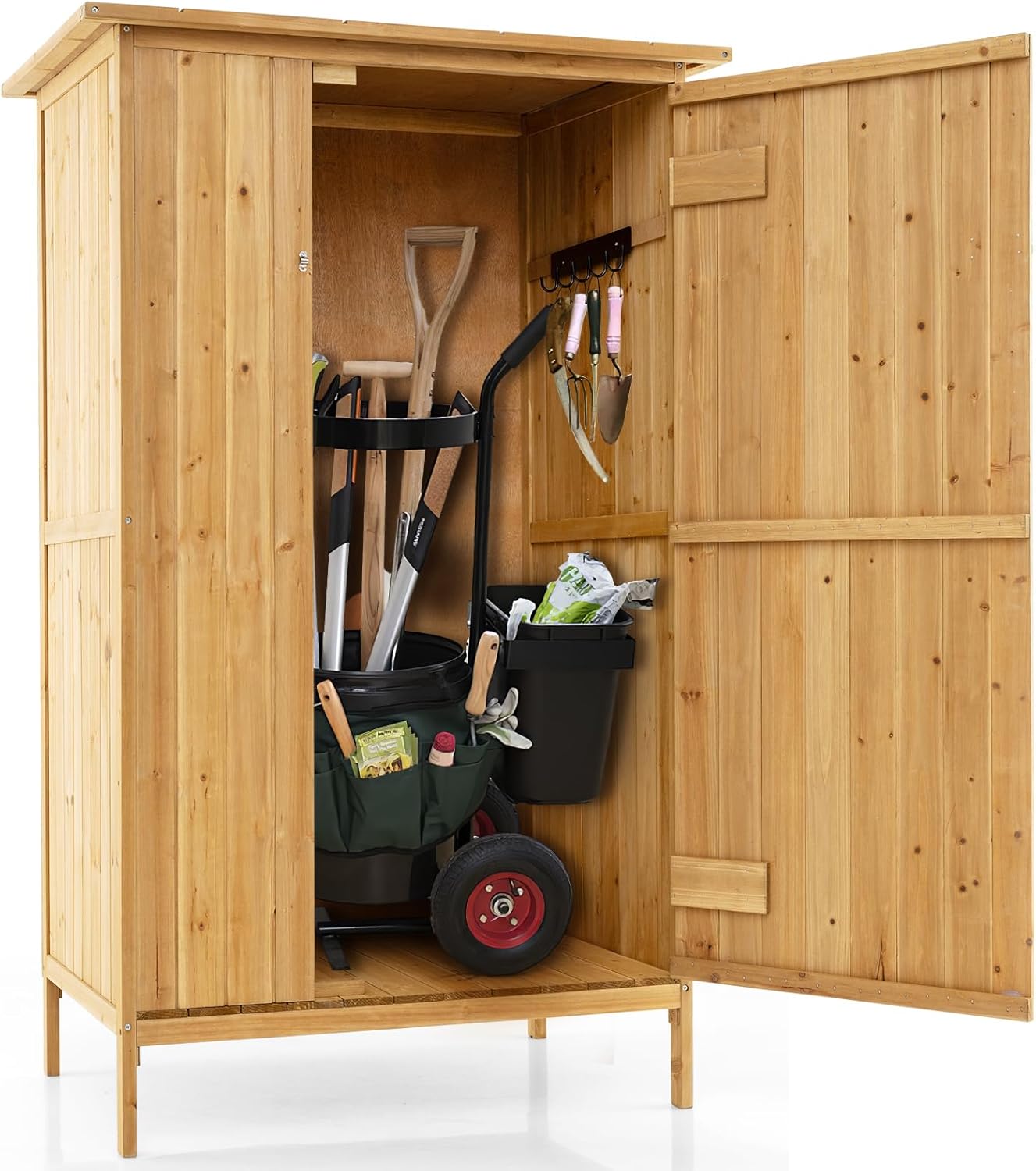 HOMASIS Gartenschrank Holz, Gartenhaus mit 3 Regalen & 5 Haken, Gerätehaus Wetterfest Outdoor, Geräteschuppen mit Asphaltdach, Geräteschrank Gartenschuppen Holzschuppen, Natur, 91x66x150cm