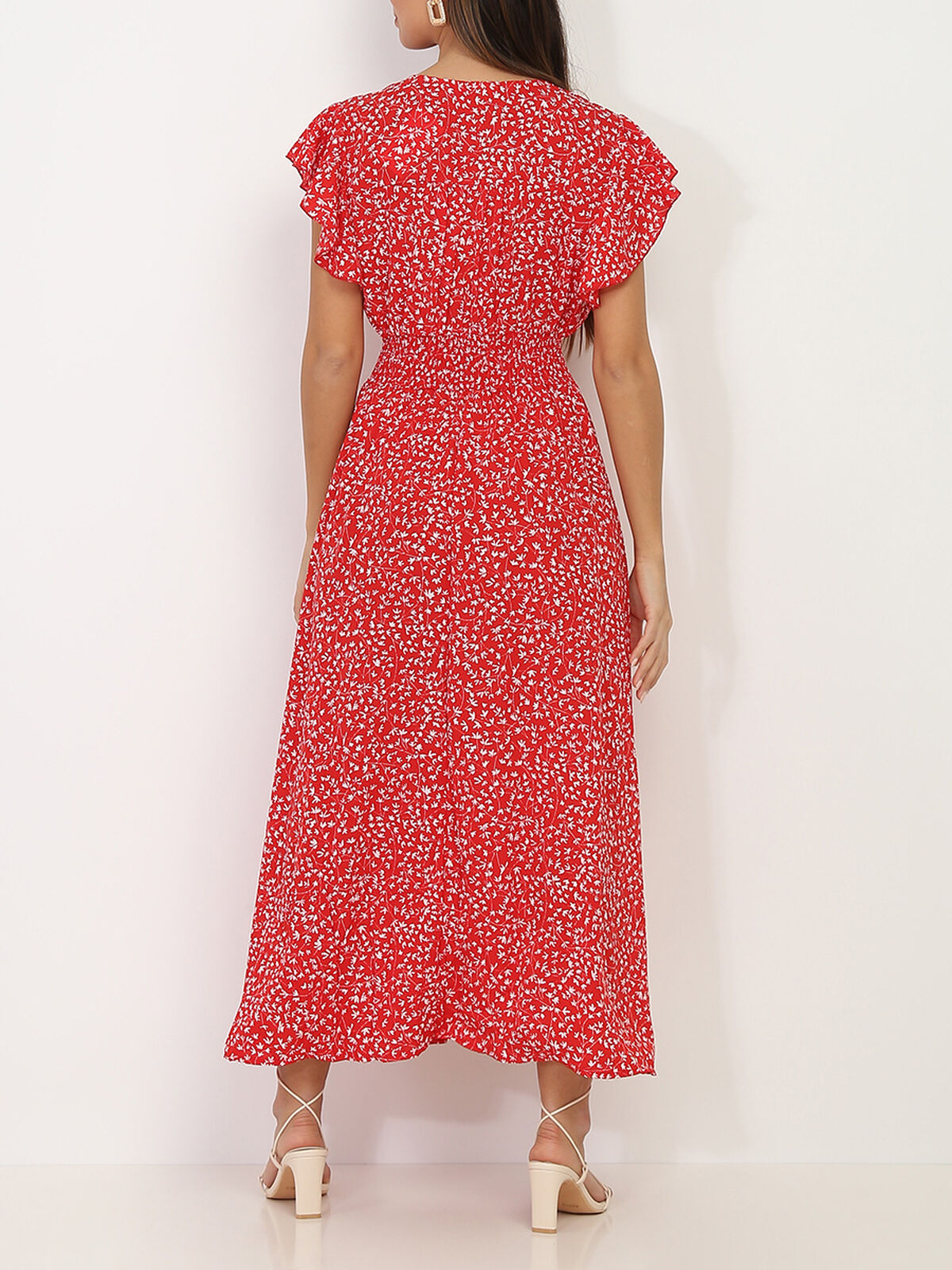 Robe longue fleurie à volants- Rouge