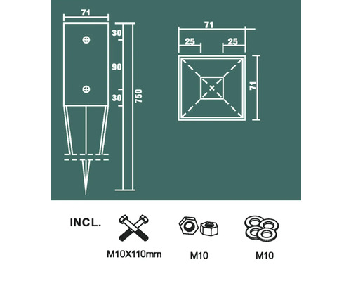 Inrij-grondbus 71 x 71 x 750 mm met montageset