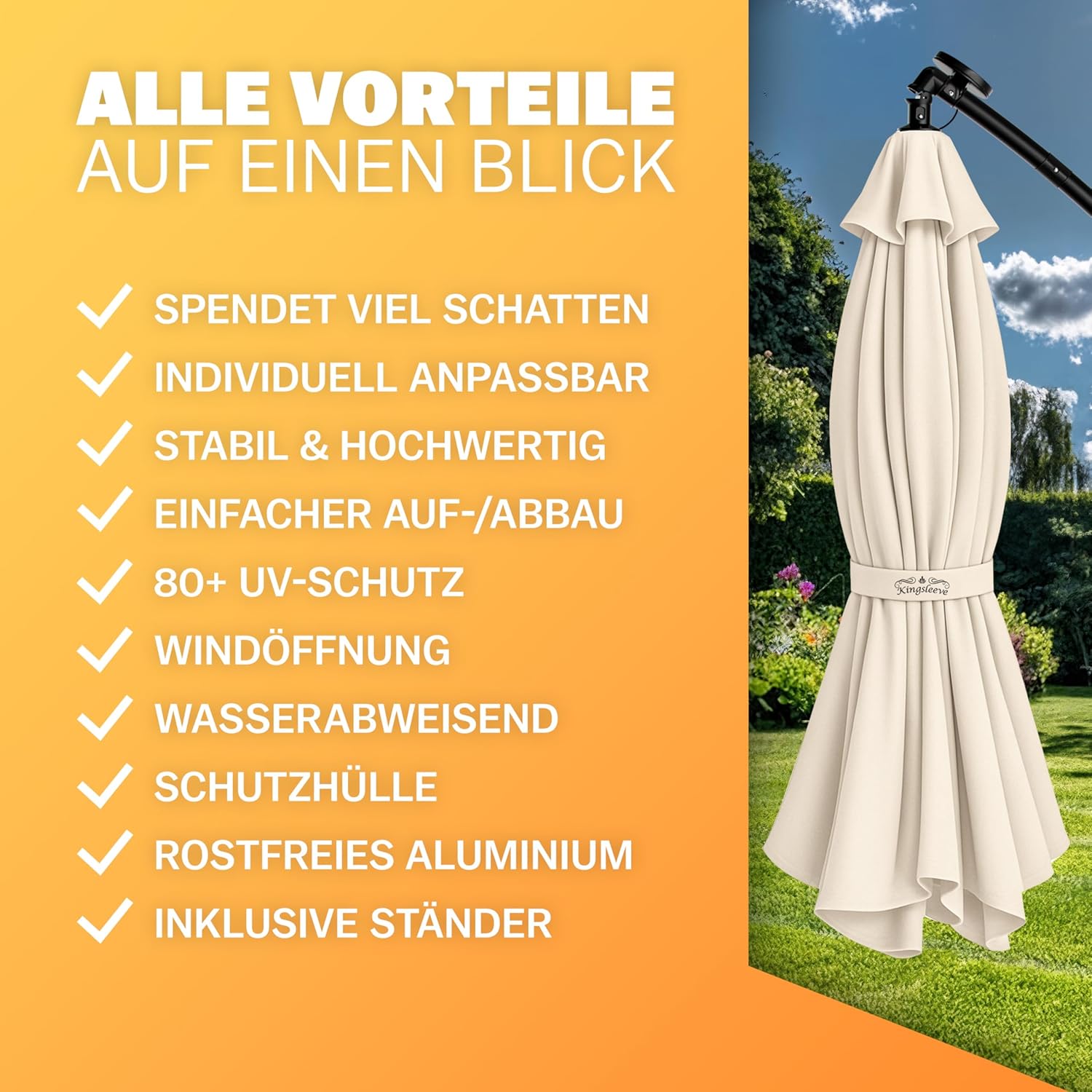 Kingsleeve® Ampelschirm LED Beleuchtung UV Schutz 80+ Solar Ständer Schutzhülle 350cm Groß Kurbel Balkon Terrasse Gartenschirm Sonnenschirm Creme