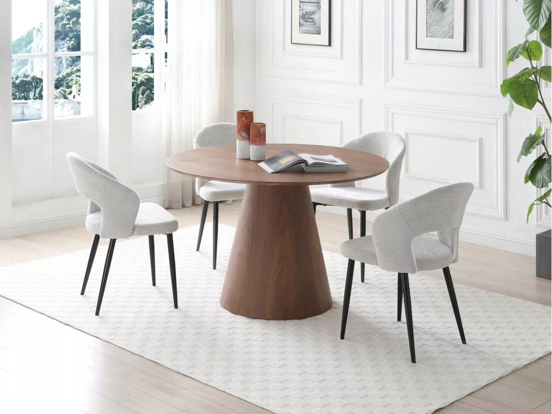 Table à manger ronde 4 personnes placage noyer - Naturel foncé - ANTALIZA