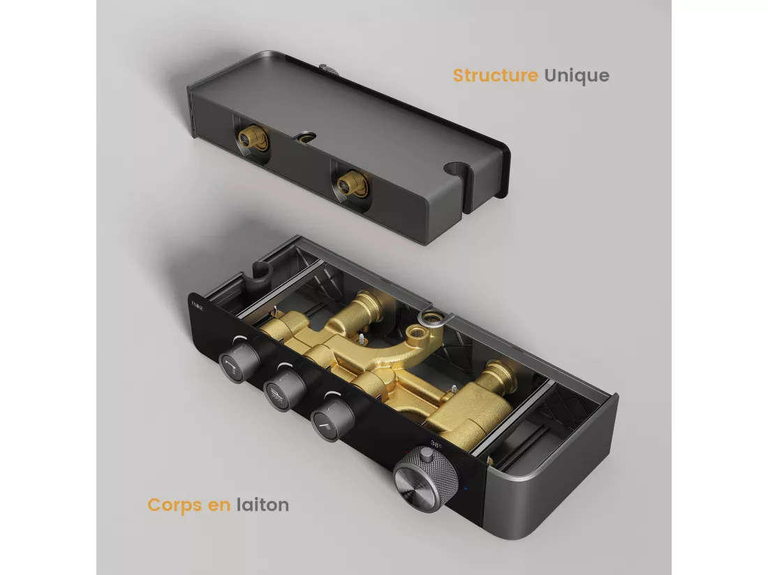 EMKE Colonne de douche Thermostat – Anthracite Mat, Régulation innovante du débit, douche à effet pluie de 36x24 cm, douchette à main avec 3 jets